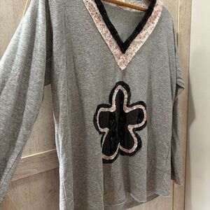 POL Grey Floral Lace Top